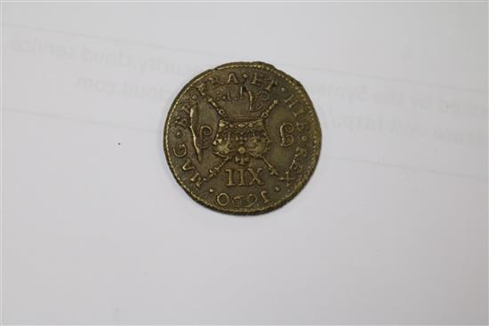 A James II Irish gun money shilling, Apr. 1690, GVF